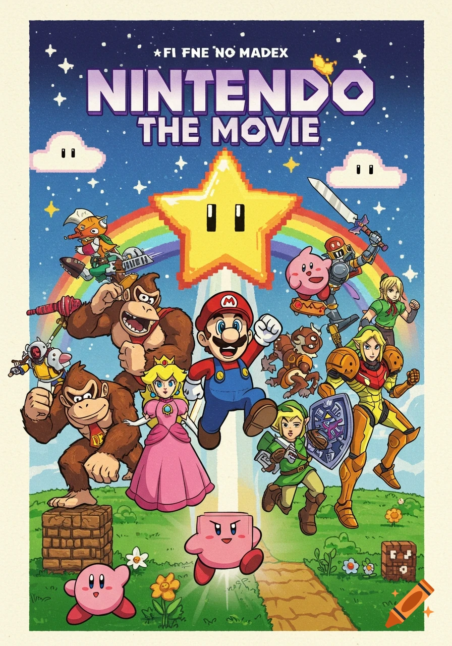 Nintendo characters like Mario, Peach, Link, Samus, and Donkey Kong fly around a star and rainbow in a colorful movie poster.