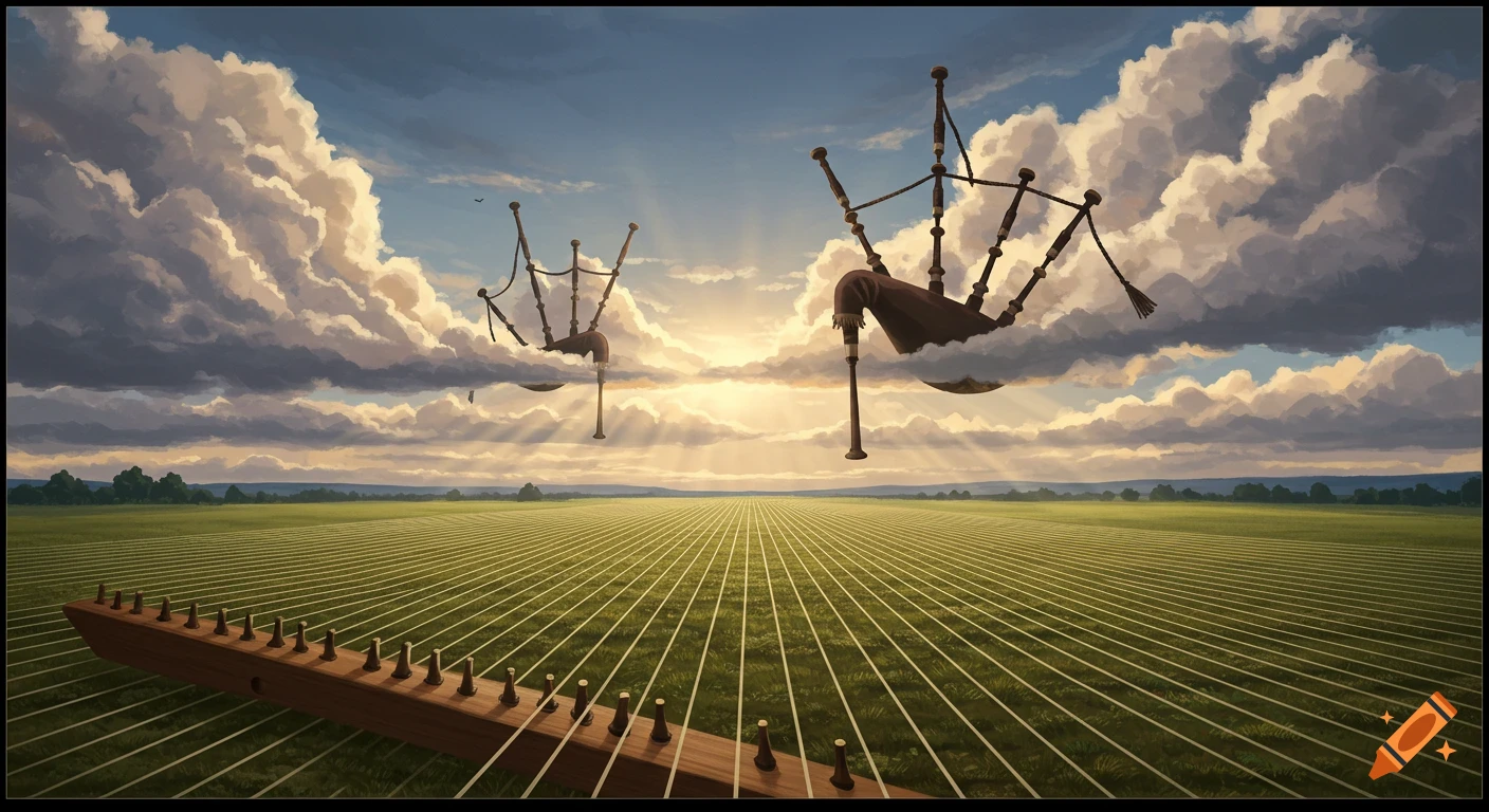 Surreal landscape with fields resembling a hammered dulcimer and clouds shaped like bagpipes.