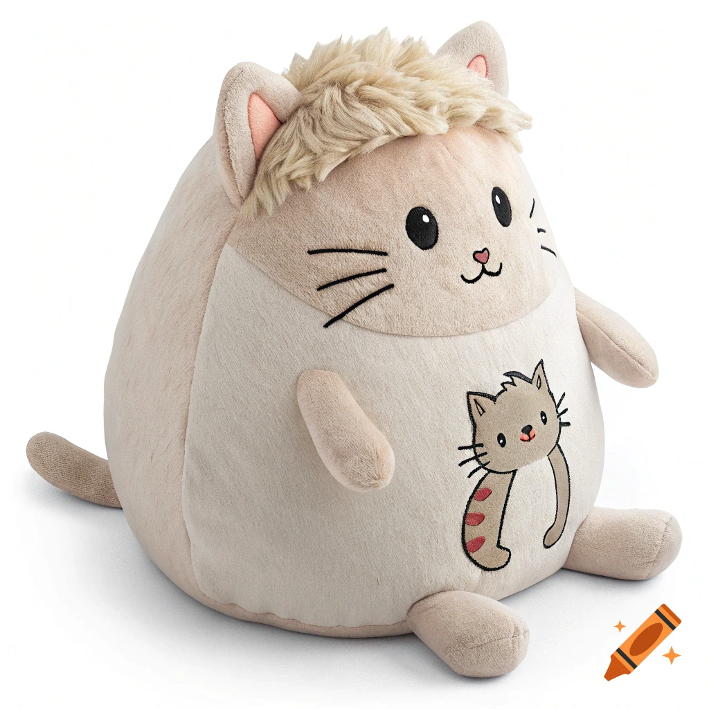 A fluffy, round, beige stuffed animal with cat ears, whiskers, tiny eyes, and a smile, wearing a fluffy wig and a design of a small cat on its chest.