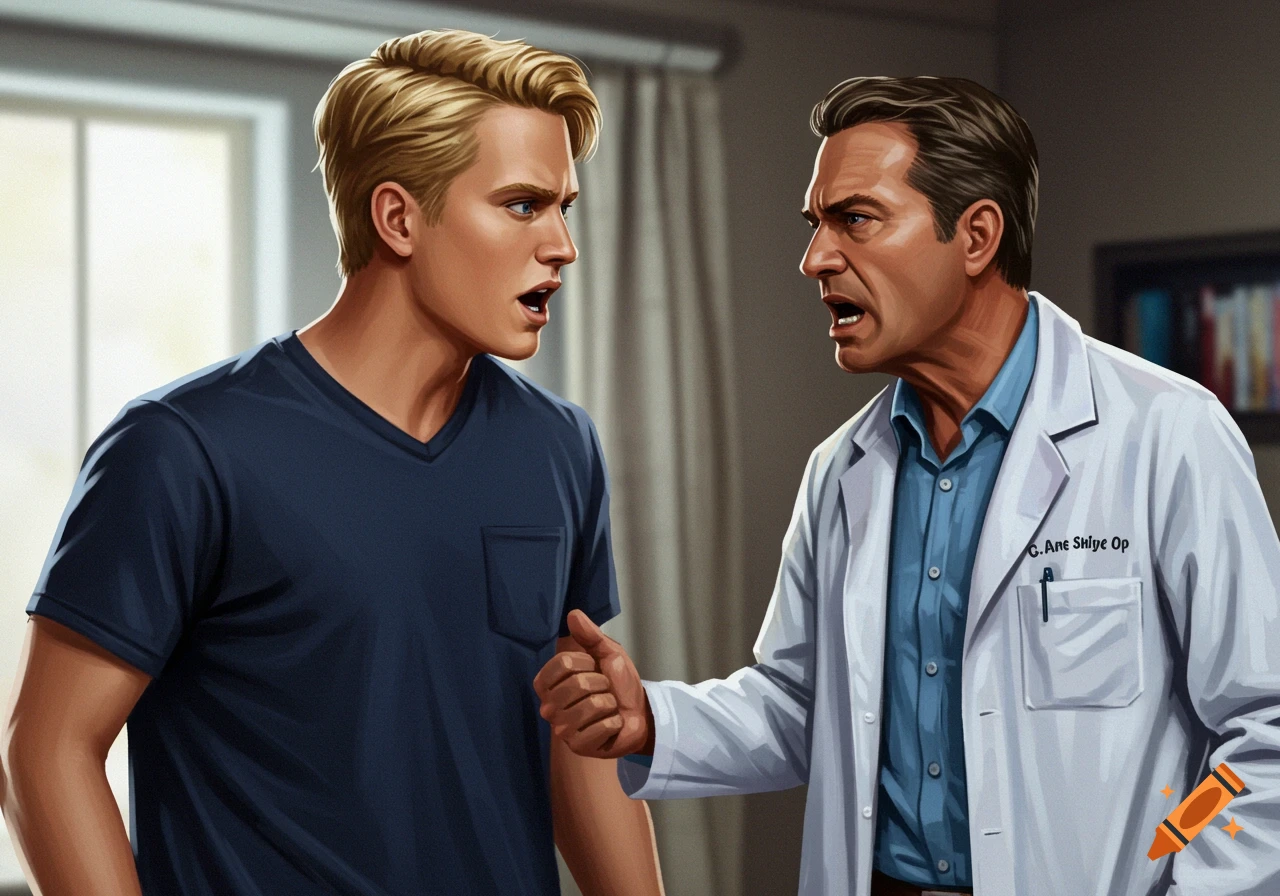 A young man and an older man in a lab coat argue indoors.