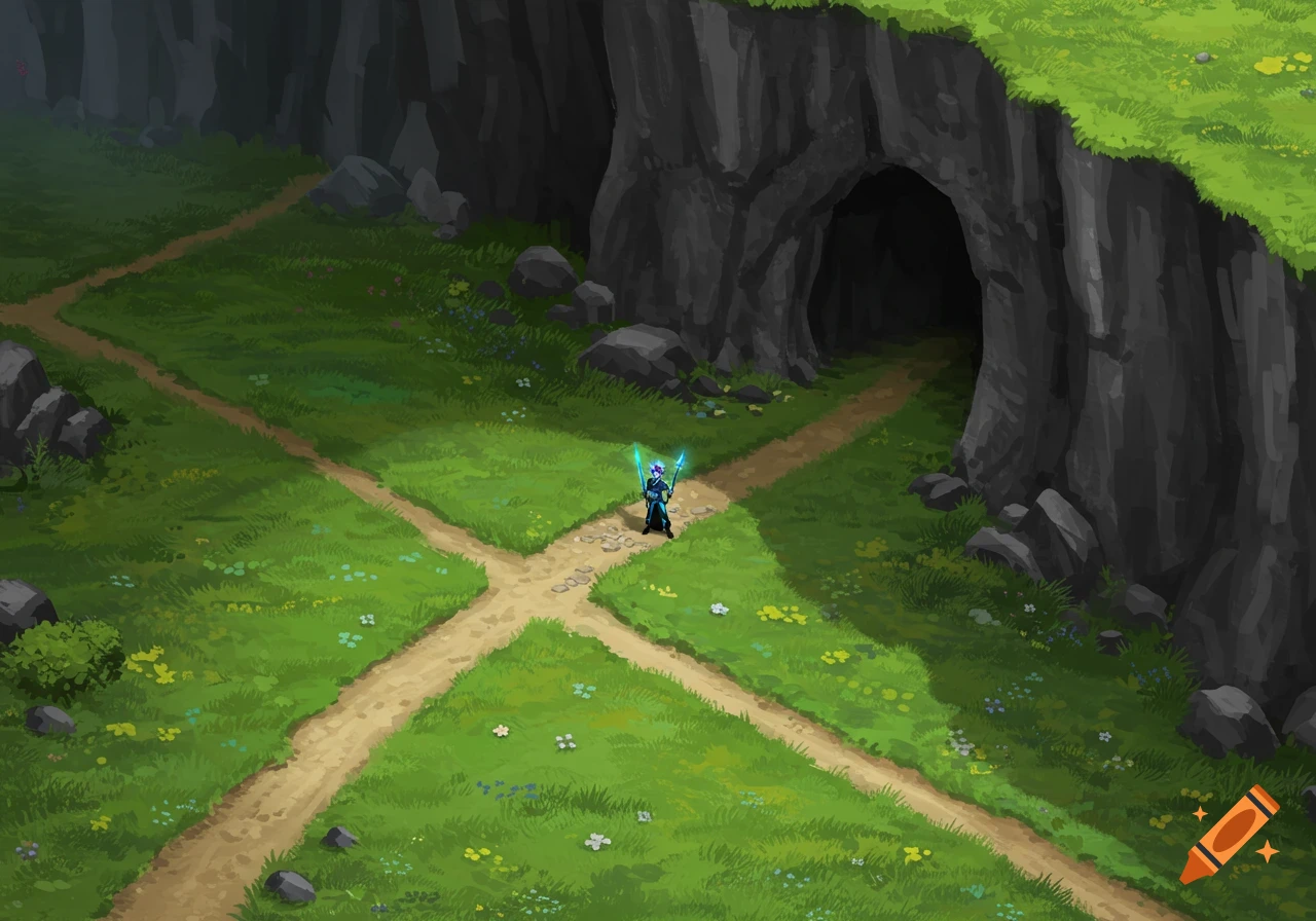 A fantasy landscape featuring a crossroads with a solitary character standing at the intersection. In the distance, a dramatic cliff face can be seen, and at its base, a dark cave entrance beckons.