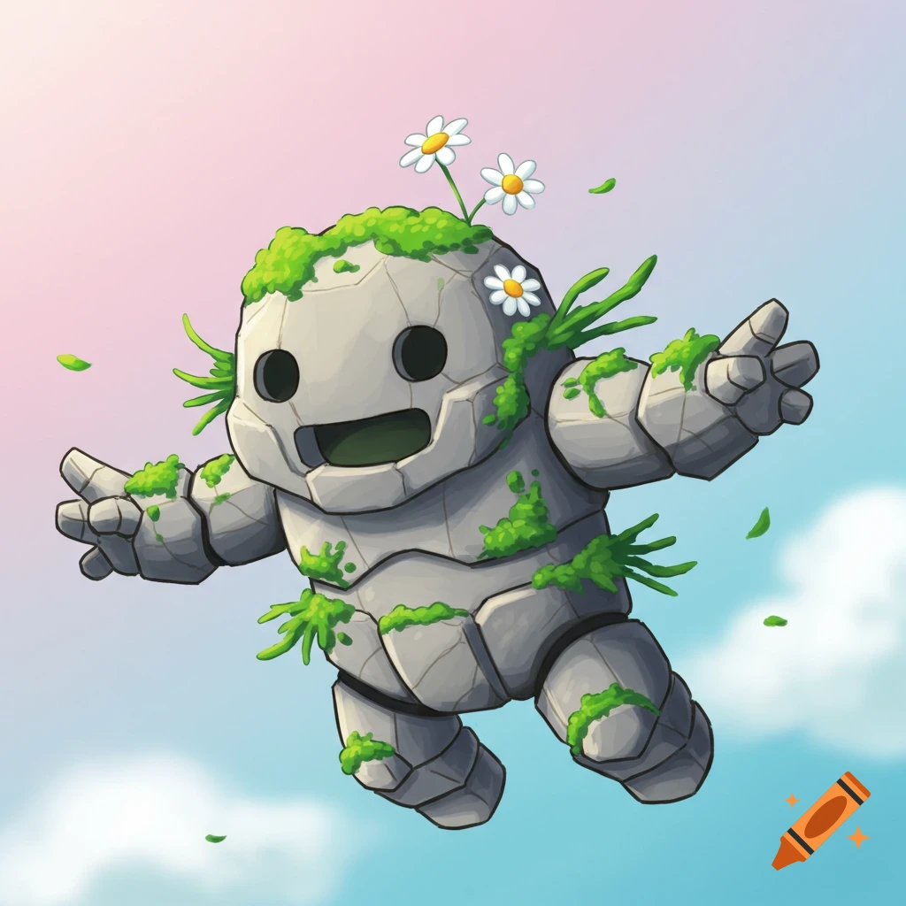 Happy flying chibi rock golem with moss and daisies in a sky.