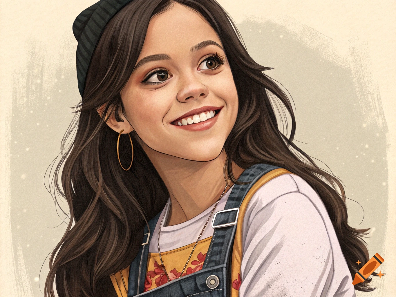 Stylized illustration of a young woman smiling, wearing a beanie and overalls.