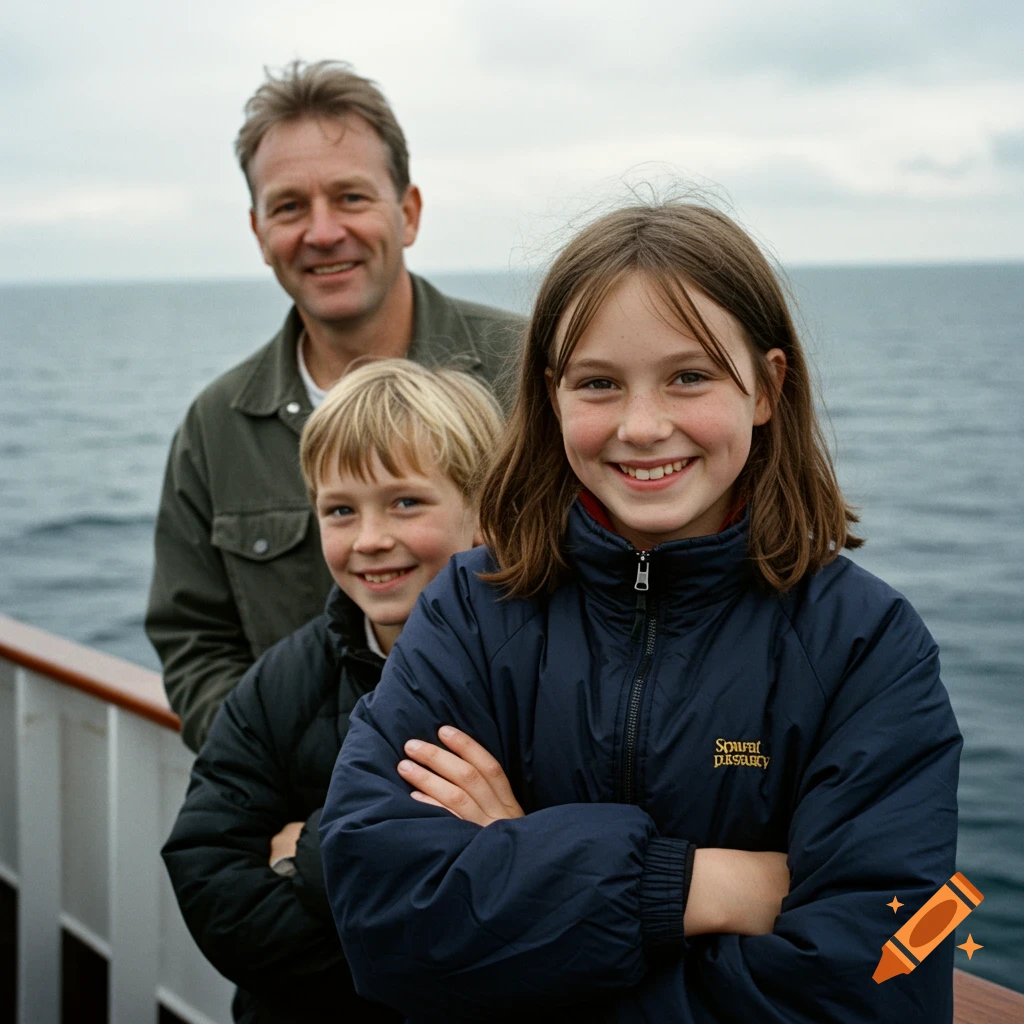 Family portrait on a ship at sea. A girl with crossed arms stands in front of her smiling brother and dad.