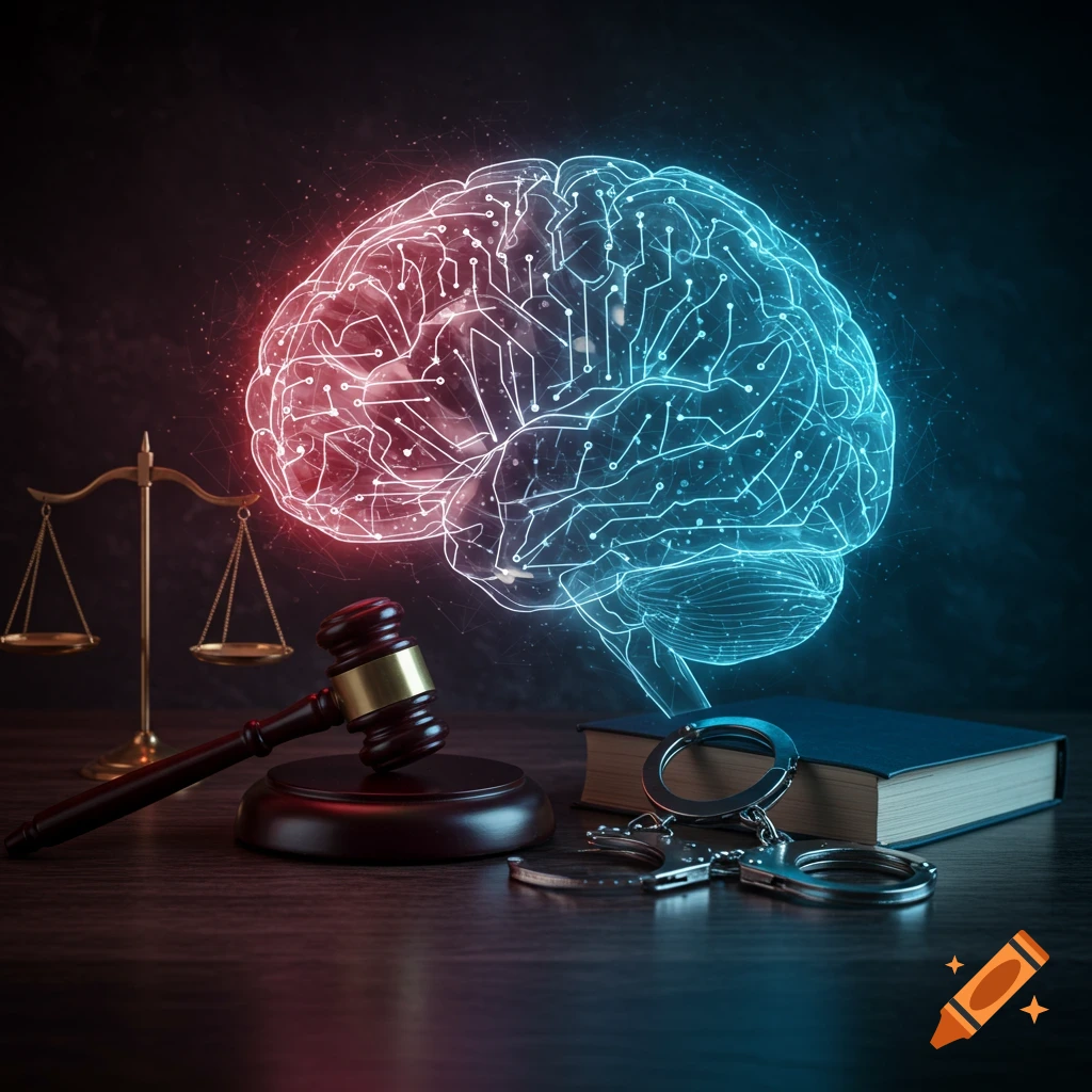 Digital art of a circuit board brain with scales of justice, gavel, book, and handcuffs