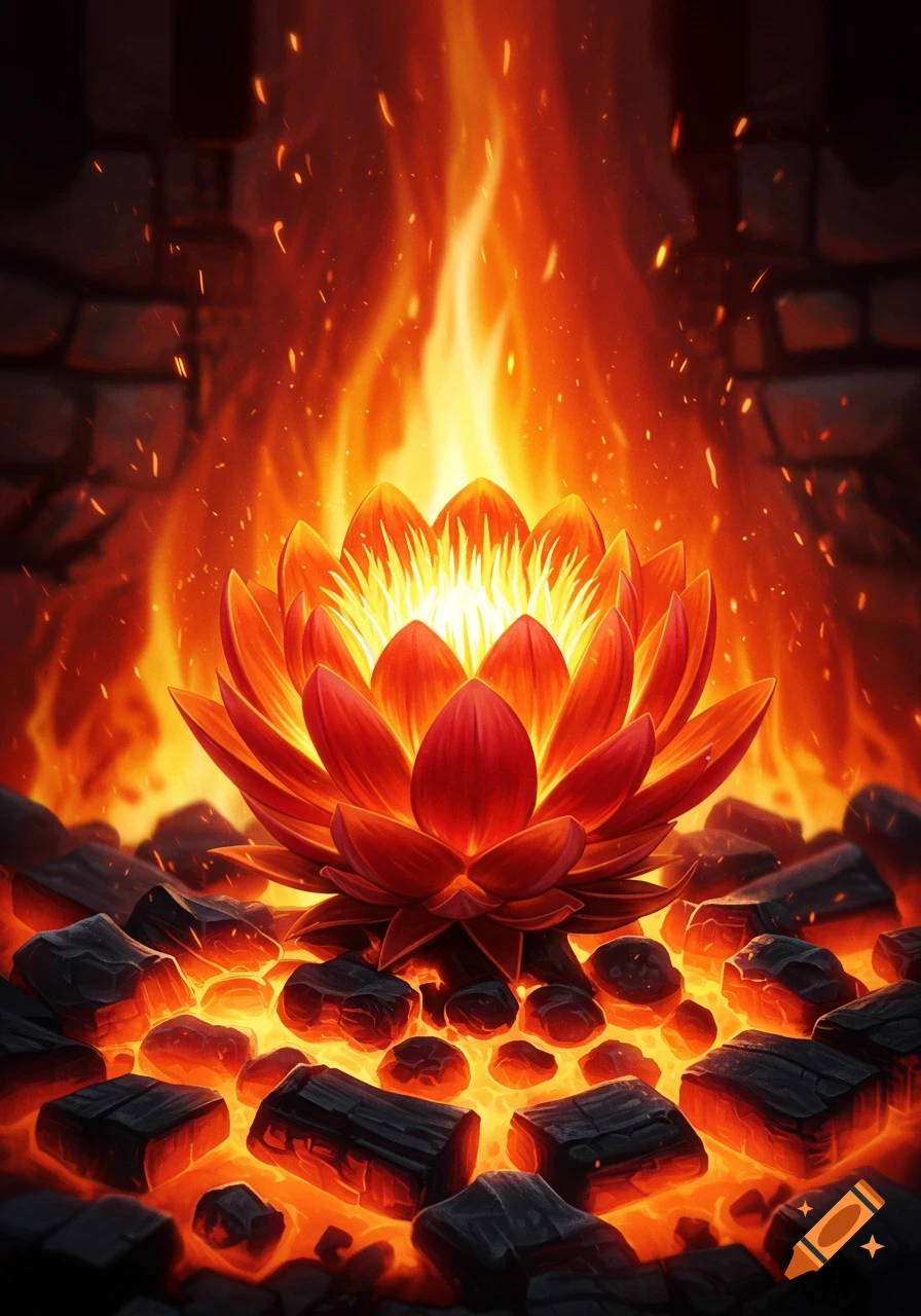 A vibrant image of a red and orange lotus flower burning on hot coals, surrounded by flames and embers.