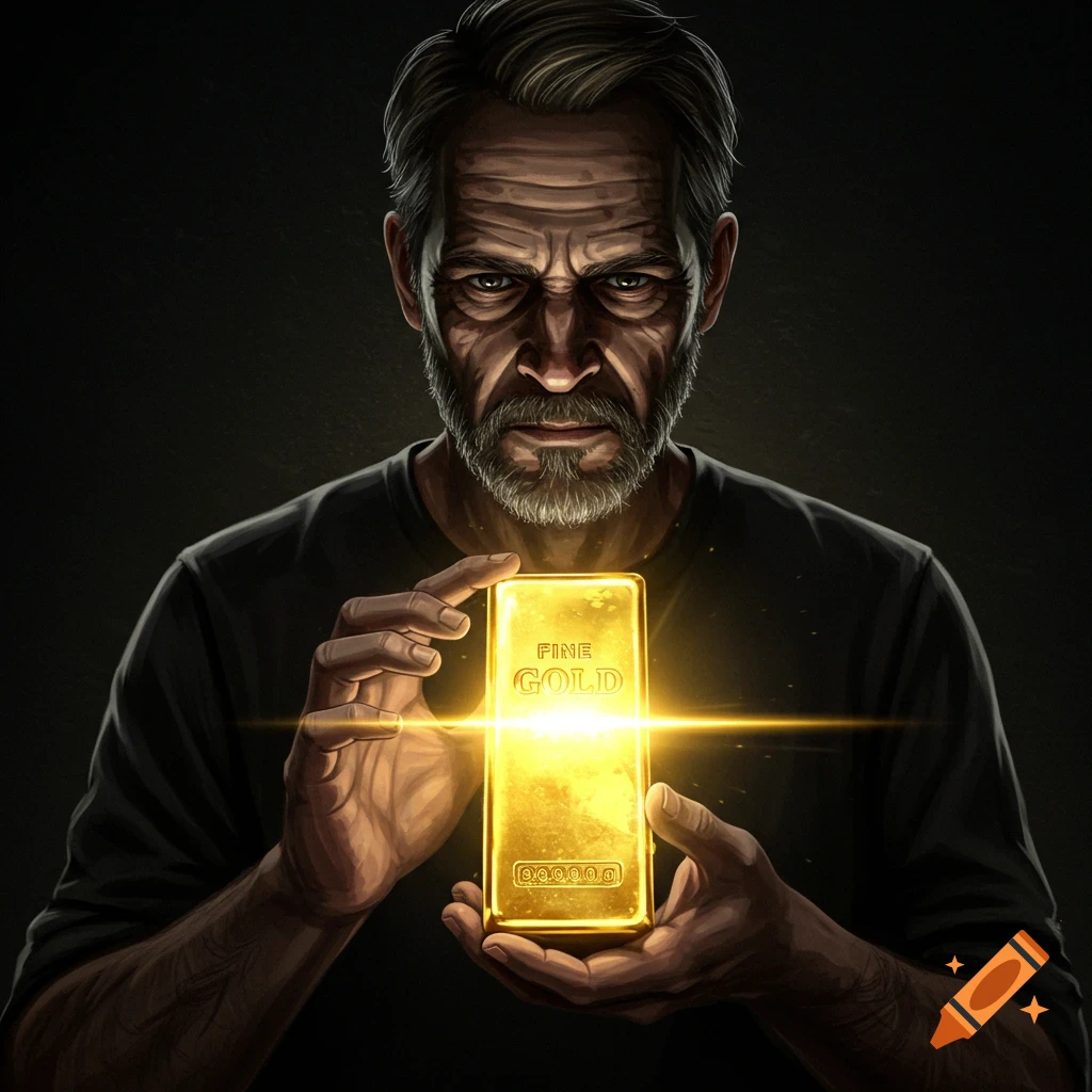 A man holding a brightly shining gold bar.