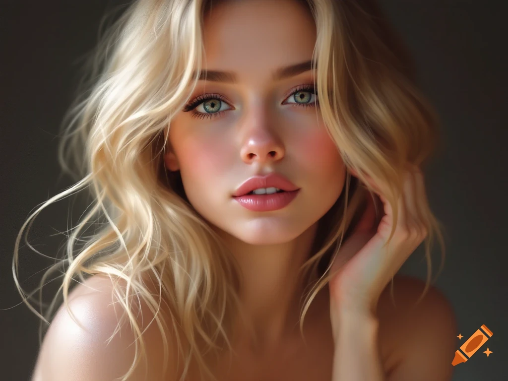 Close-up of a blonde woman's face and shoulder