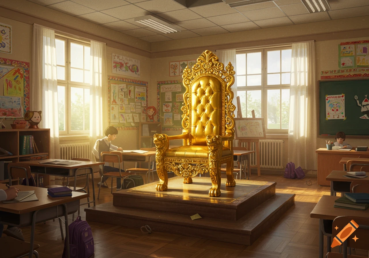 A large golden throne is on a platform in the center of a classroom with students at desks.