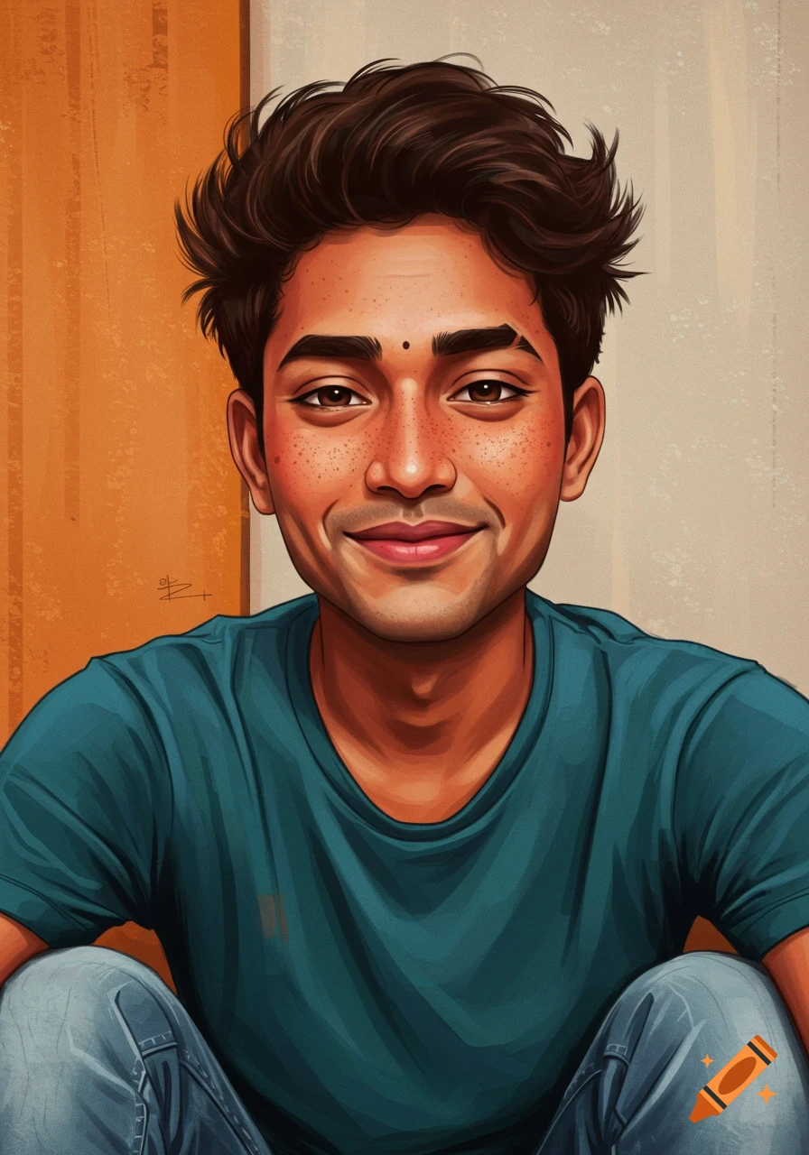 Young man with freckles smiling in a blue shirt.