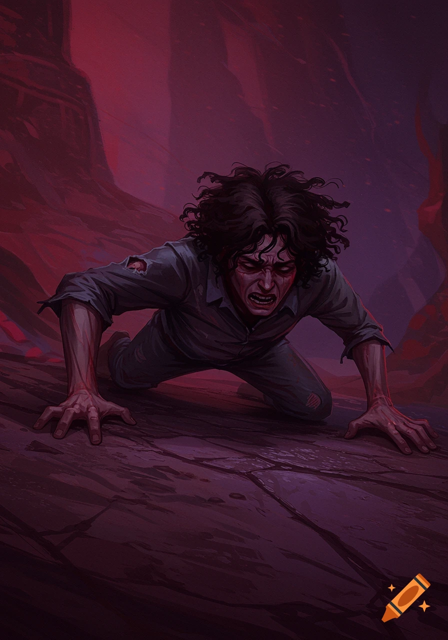 A person is crawling in pain in a dark, rocky landscape.