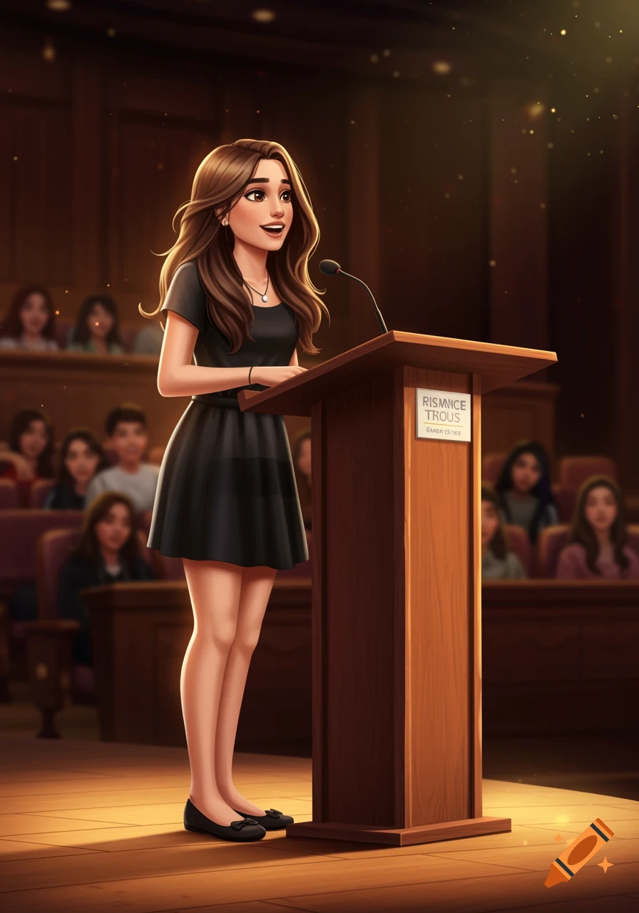 Young woman speaking at a podium in an auditorium, digital art.