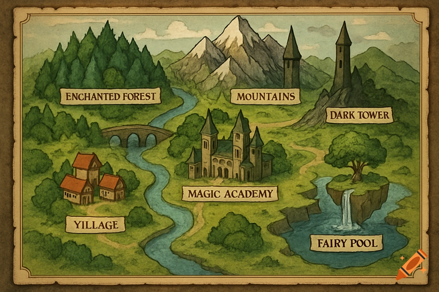 Hand-drawn fantasy map with locations like Enchanted Forest, Magic Academy, and Mountains.