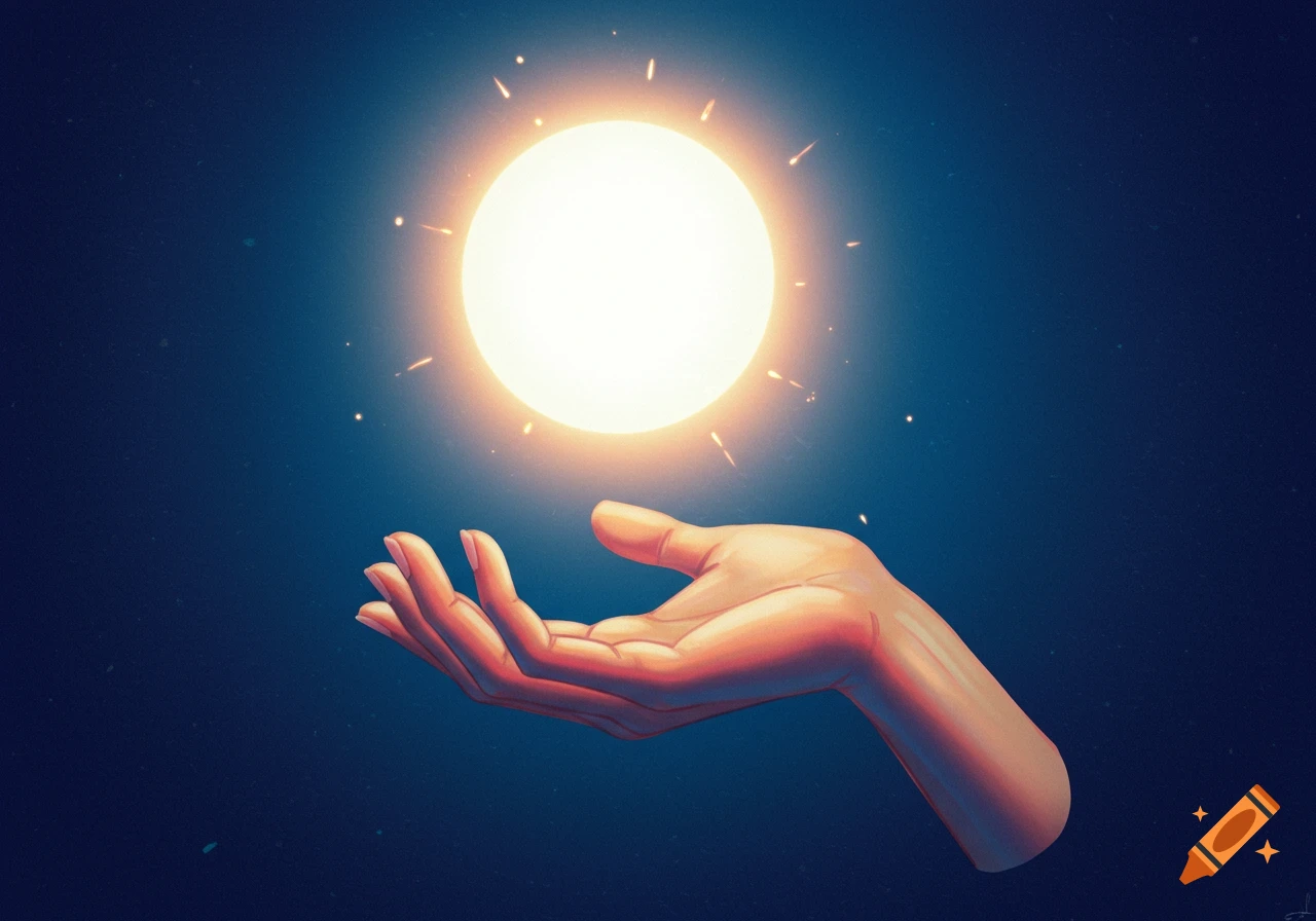A hand holding a glowing sun against a dark sky.