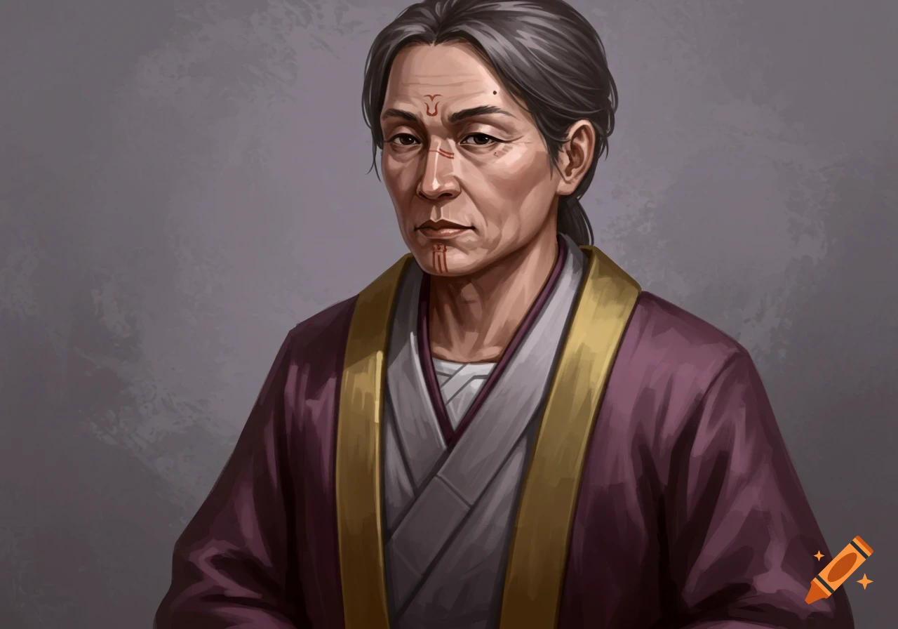 A portrait of a middle-aged woman with facial markings wearing a purple and gold robe.