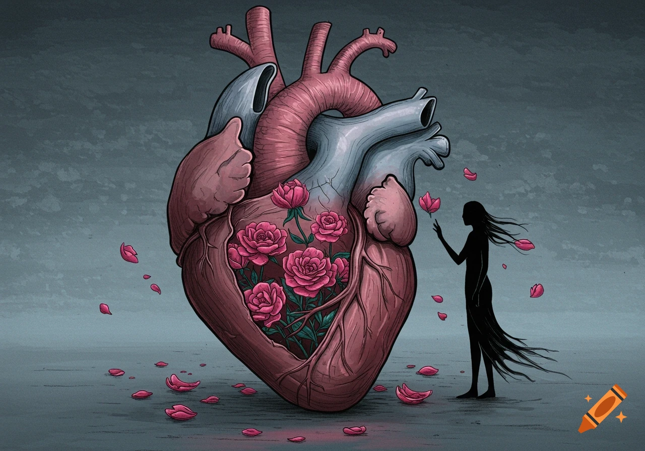 Illustration of a stylized human heart with pink roses growing inside, and a silhouetted figure reaching for a petal.