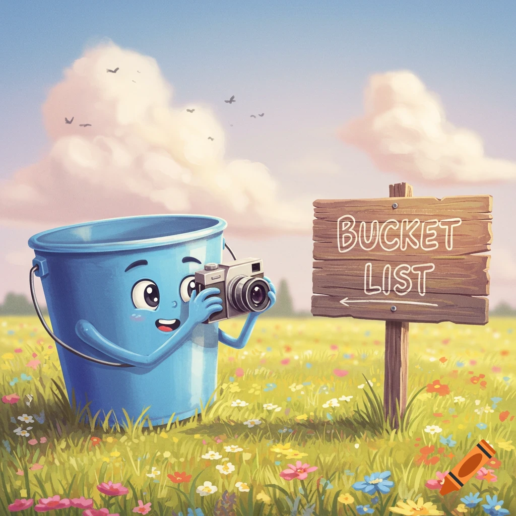 Cartoon bucket character taking a photo of a 'Bucket List' sign in a sunny flower field.