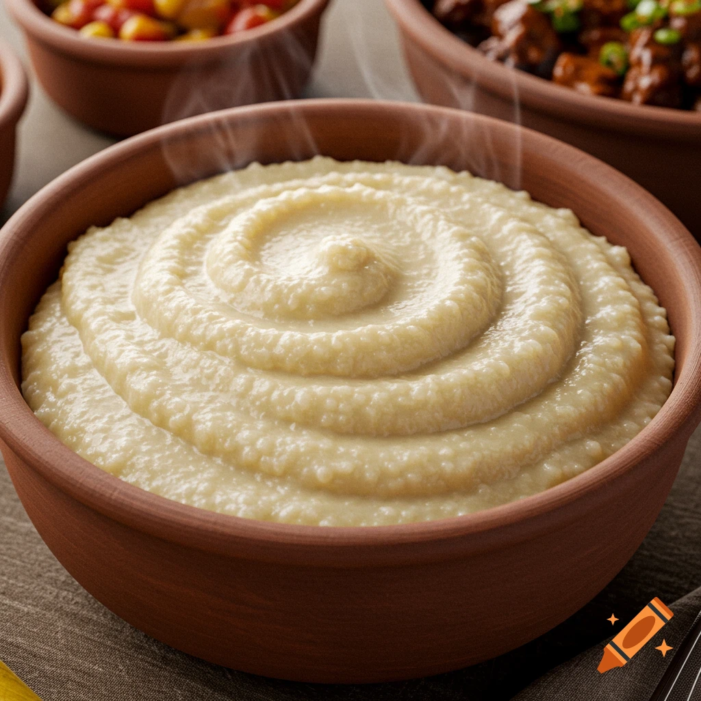 A close-up photo of a bowl of nshima, a thick white porridge, with steam rising.
