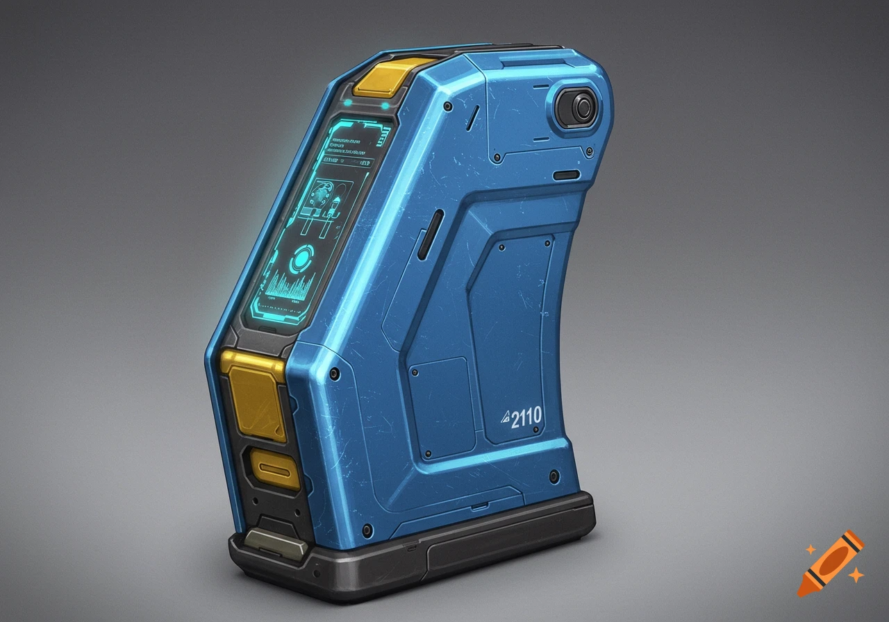 A detailed image of a futuristic blue and yellow sci-fi device with a screen and numbers on the side.