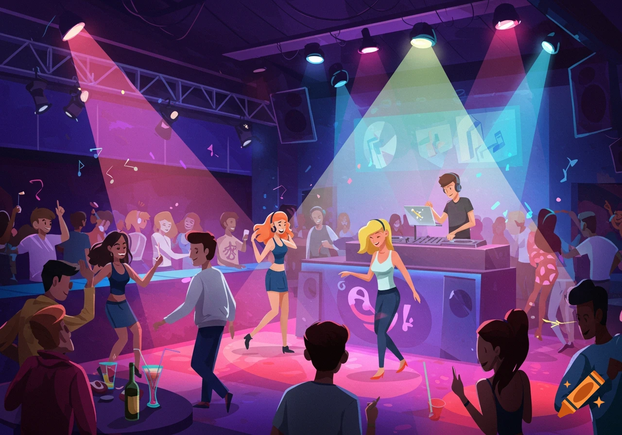 Cartoon illustration of people dancing and a DJ playing music in a colorful nightclub with spotlights.