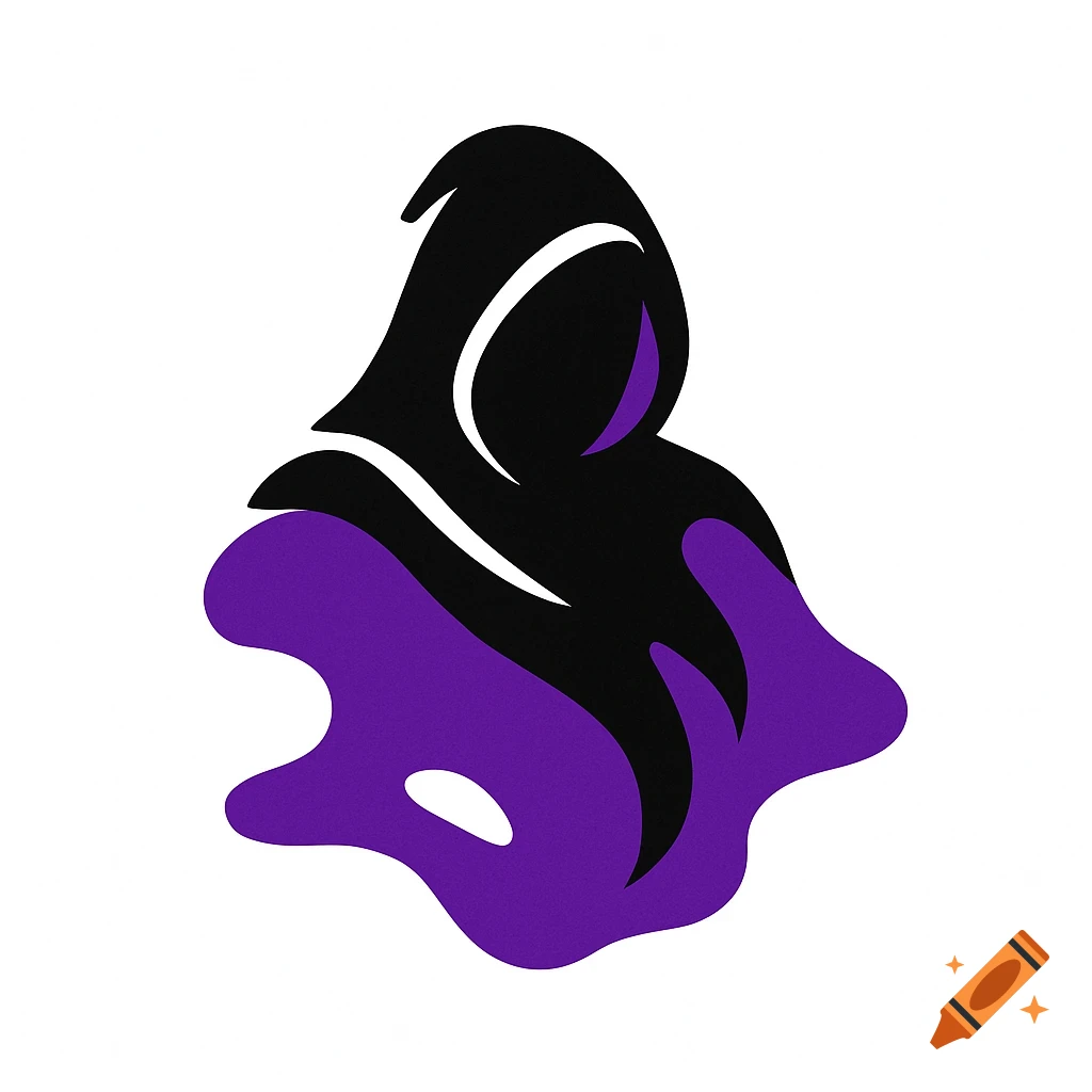 Stylized black and purple logo of a hooded figure blending into an abstract shape.