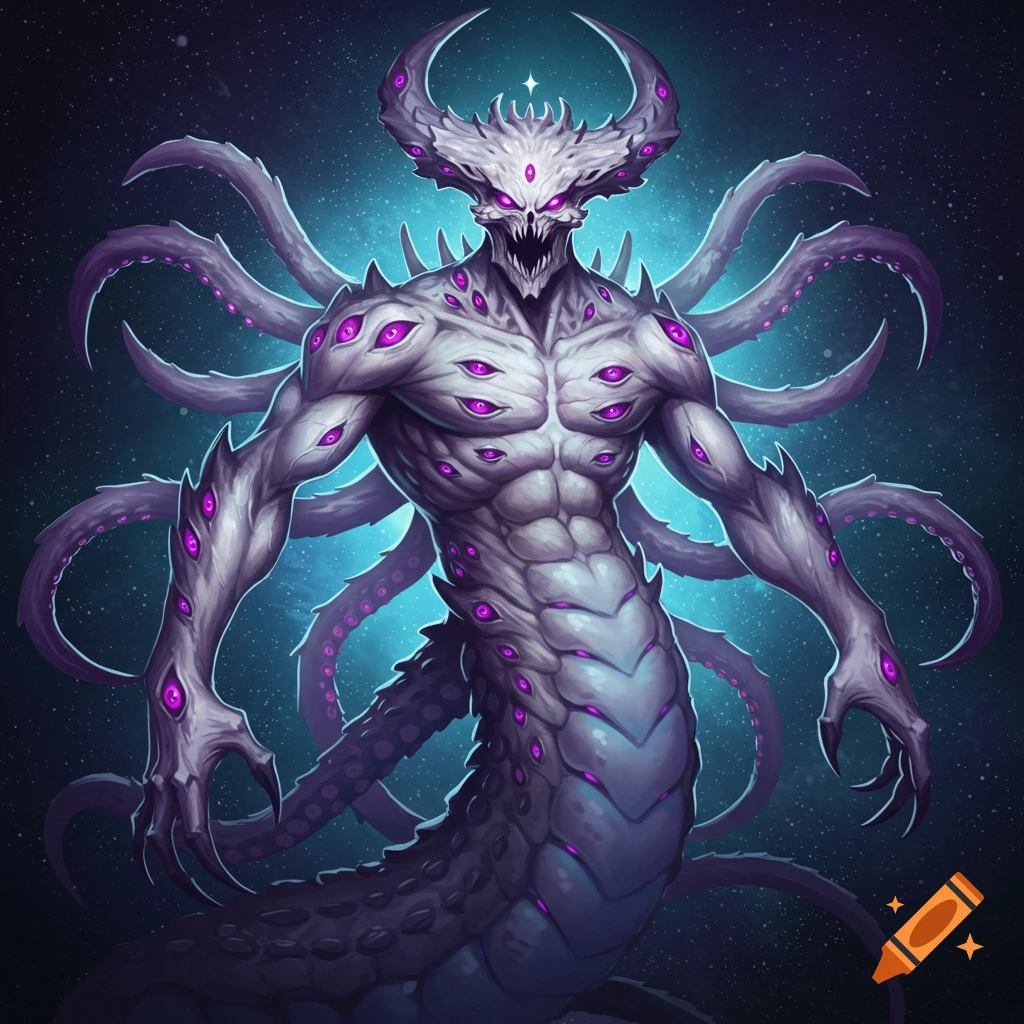 A multi-eyed monster with tentacles and claws against a starry background.