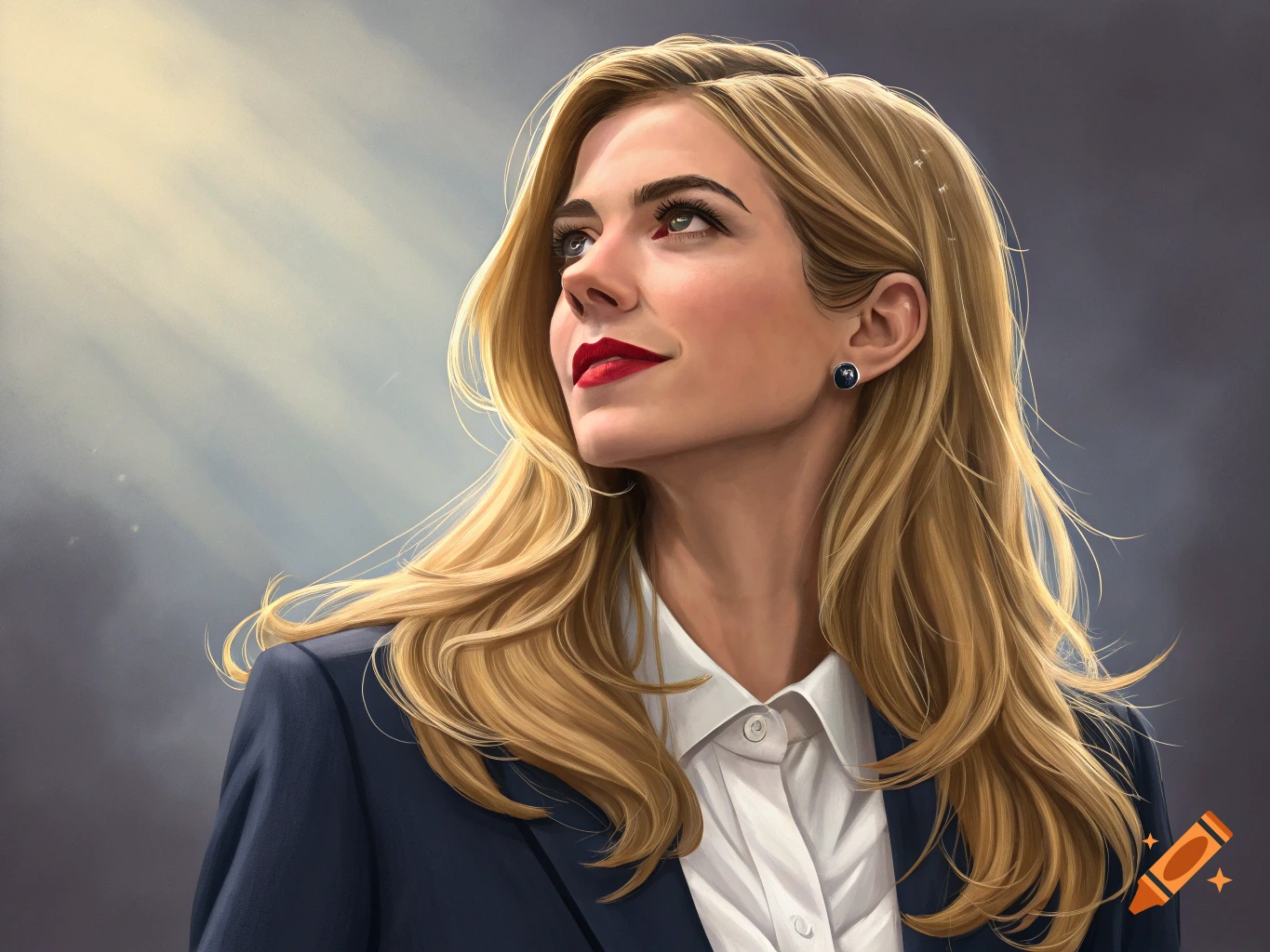 portrait of a blonde woman with red lipstick in a dark suit looking upwards.