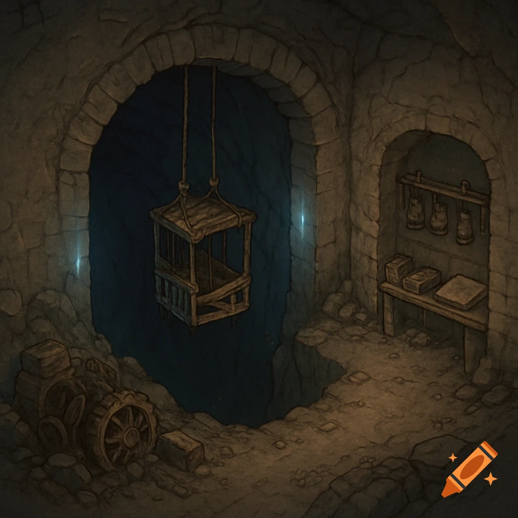 Stylized illustration of a dark collapsed mine shaft entrance with a hanging broken lift and old equipment.
