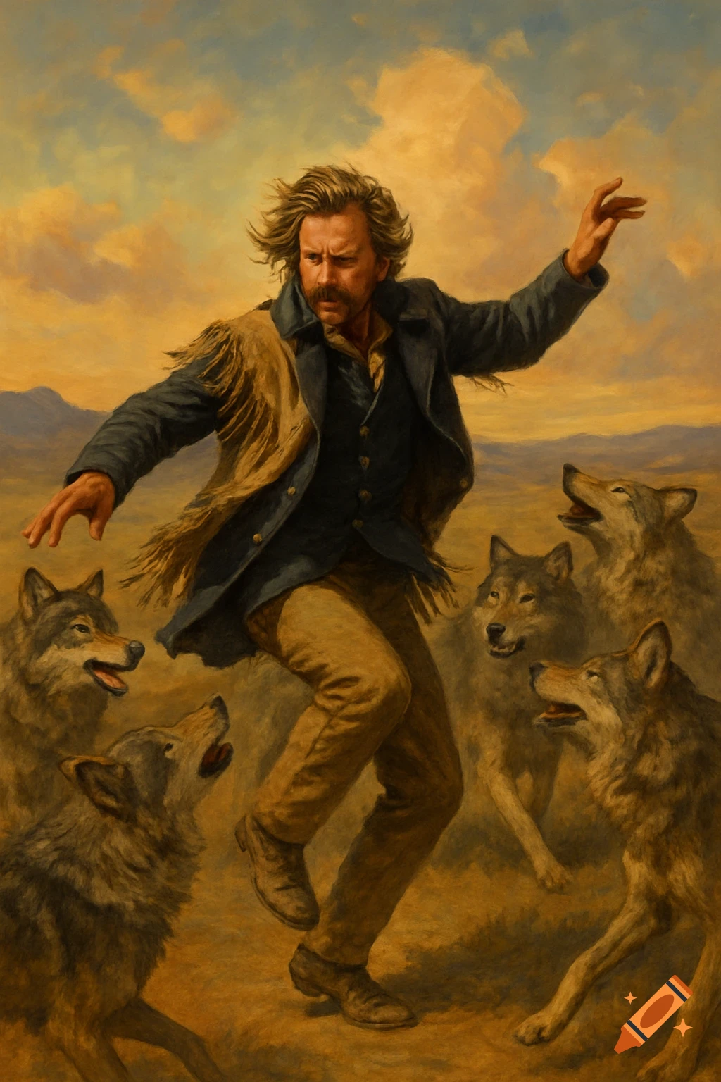 Painting of a man running among wolves in a prairie landscape under a dramatic sky.