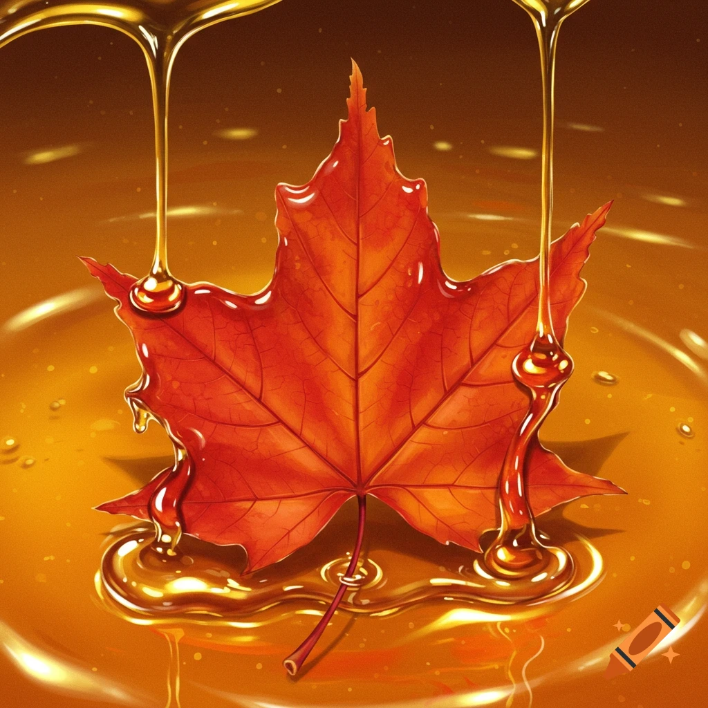 A maple leaf drenched in golden maple syrup.