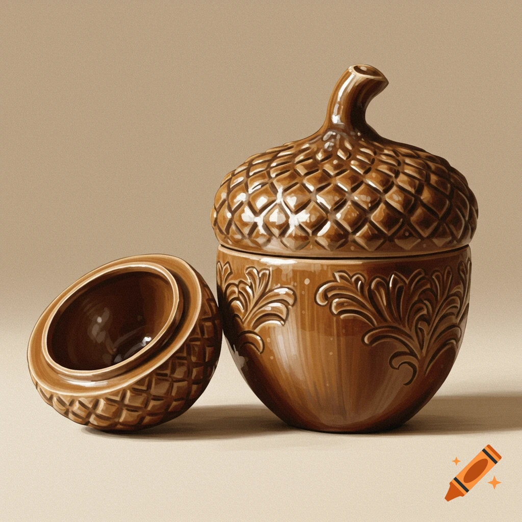 A brown ceramic acorn-shaped jar with the lid slightly open.