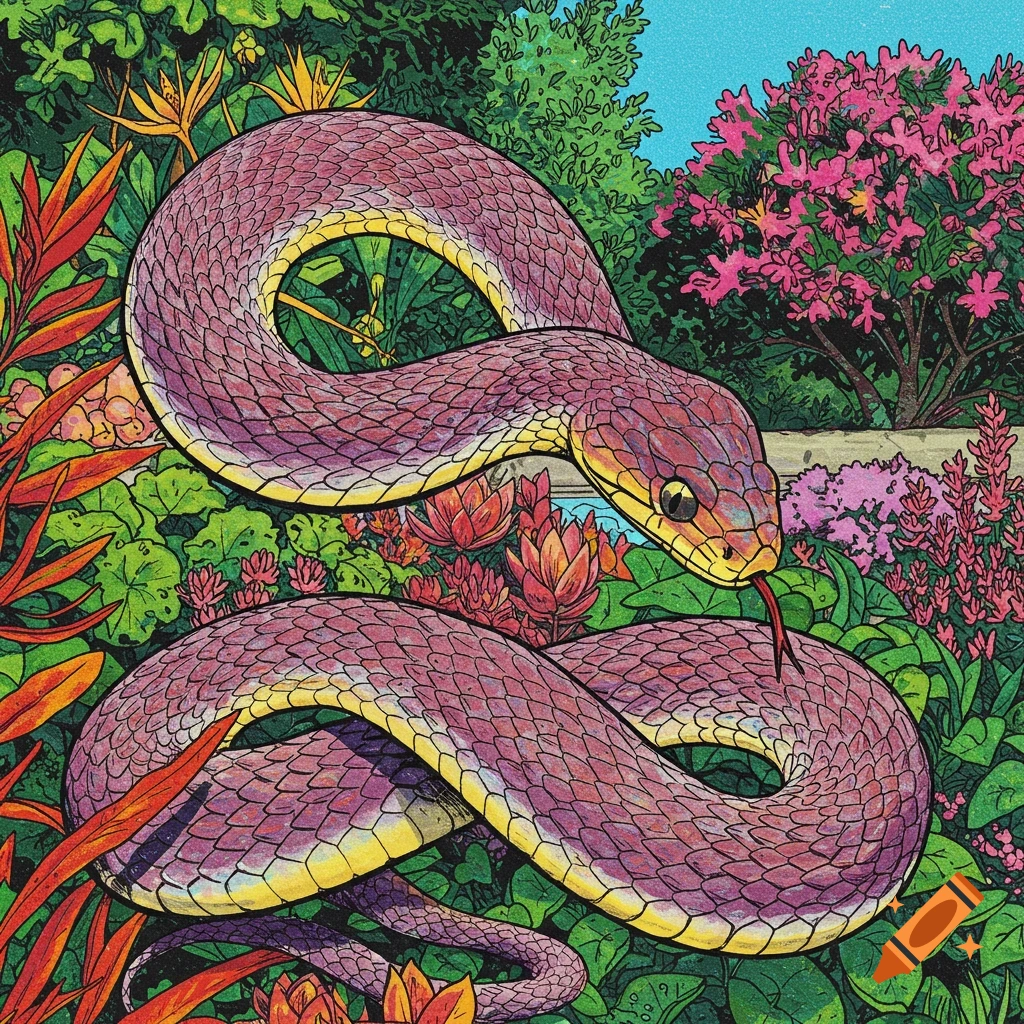 A purple and yellow snake coiled among colourful plants and flowers in an illustrated style.