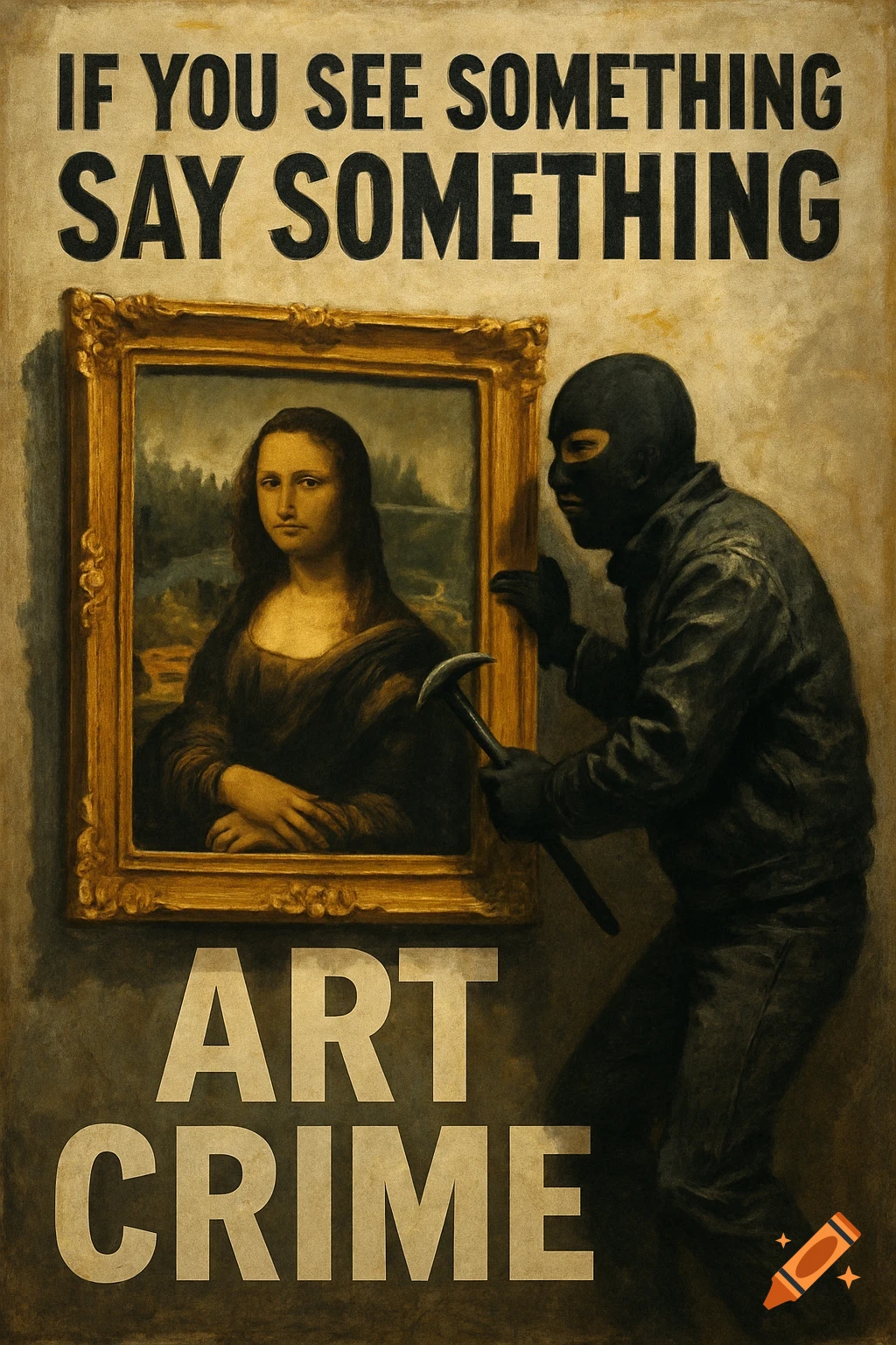 A burglar is shown stealing the Mona Lisa from a wall, with text 'IF YOU SEE SOMETHING SAY SOMETHING ART CRIME'.