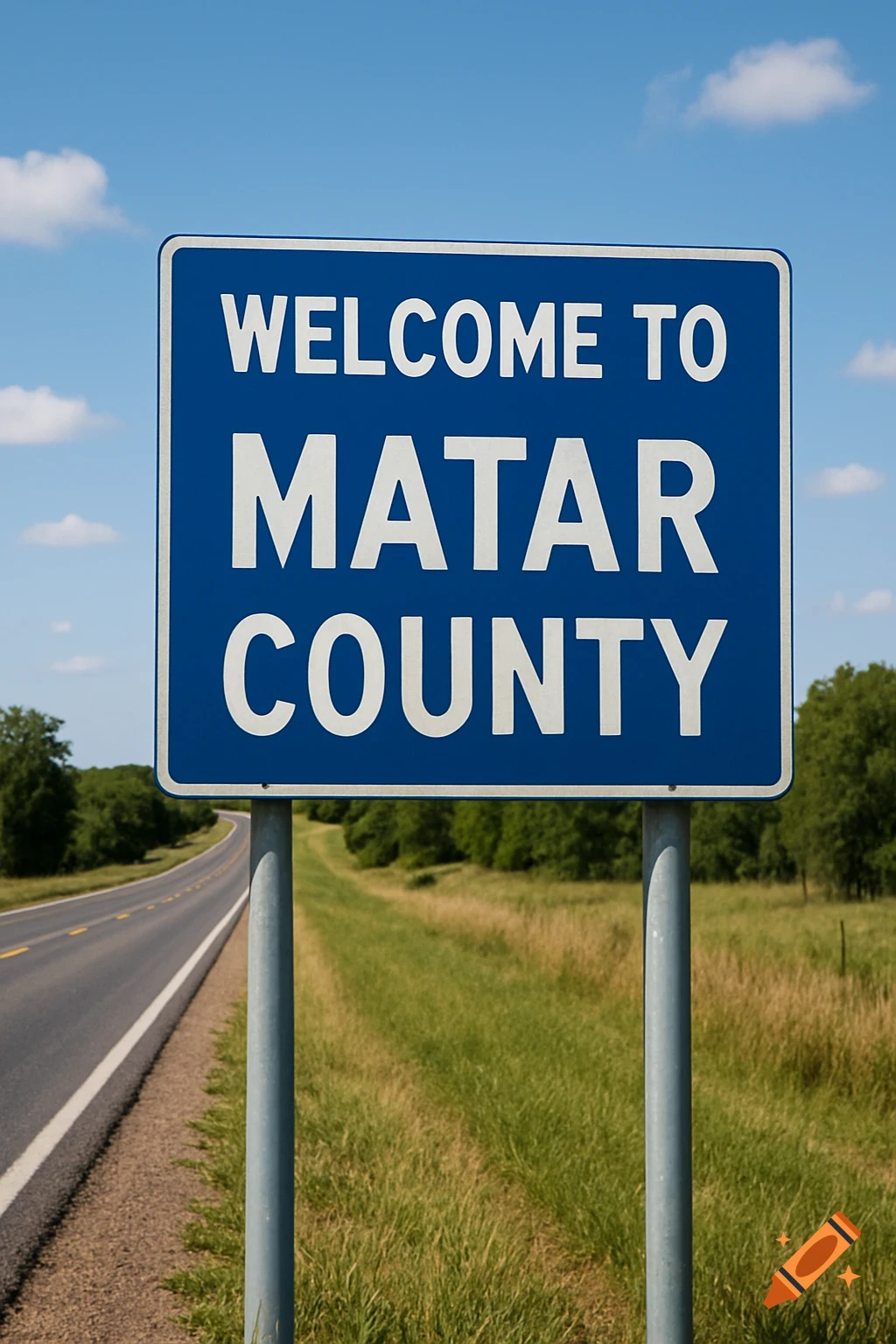 A blue road sign says 'Welcome to Matar County' beside a road and grassy field.
