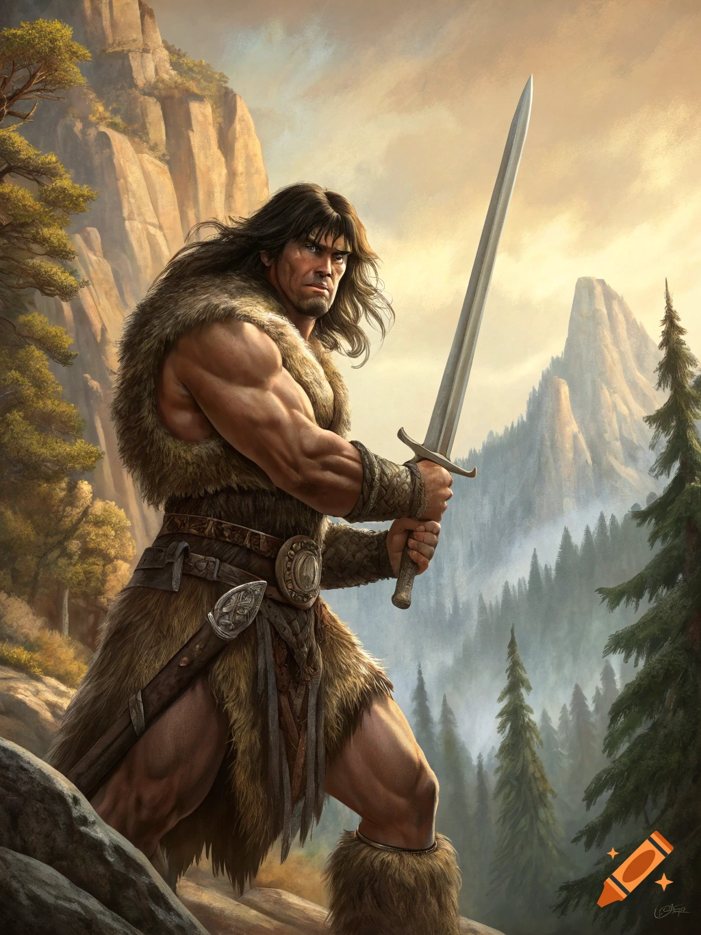 Muscular barbarian with a sword stands on a rock in a mountainous landscape.