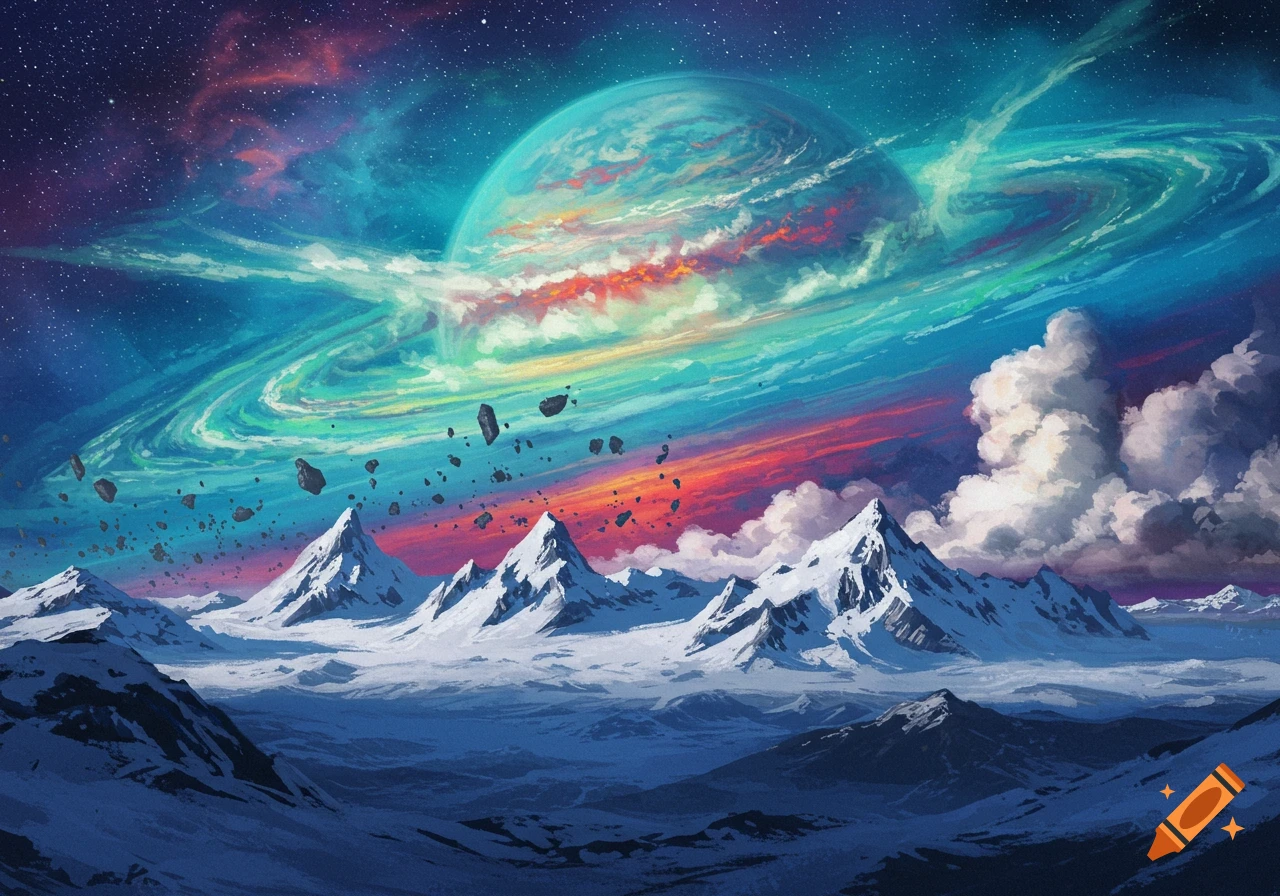 Snowy mountains under a swirling sky with a large planet and asteroids.