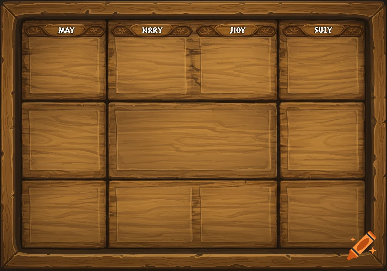 A wooden board divided into sections, resembling a calendar.