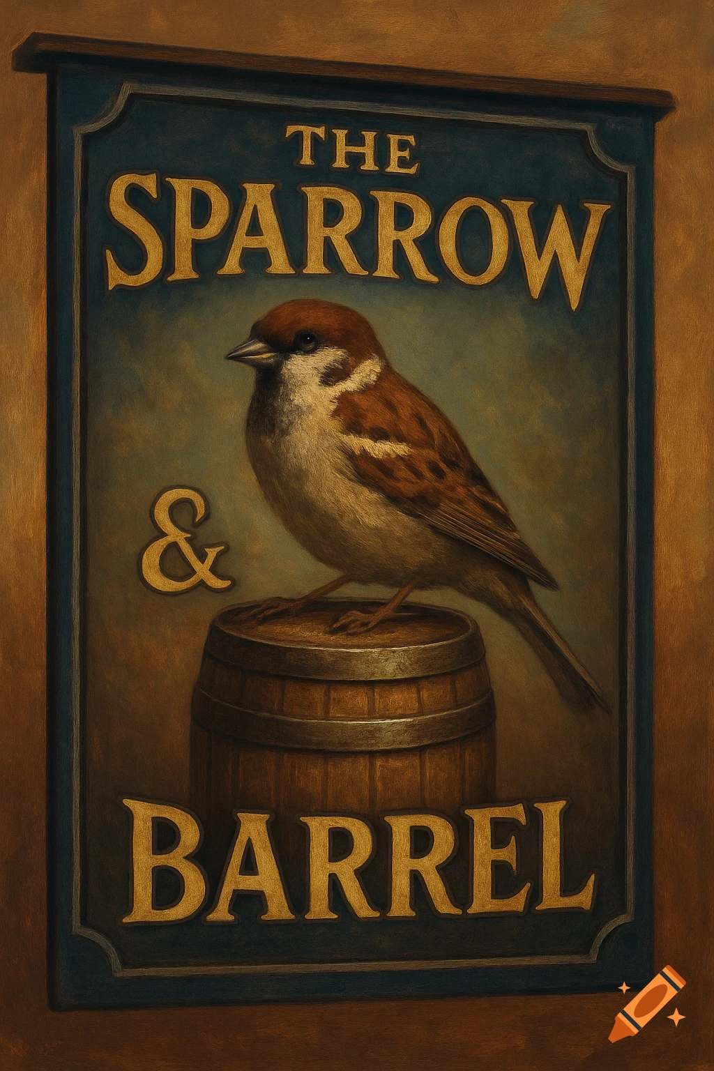 Pub sign with 'THE SPARROW & BARREL' text, featuring a sparrow bird perched on a barrel.