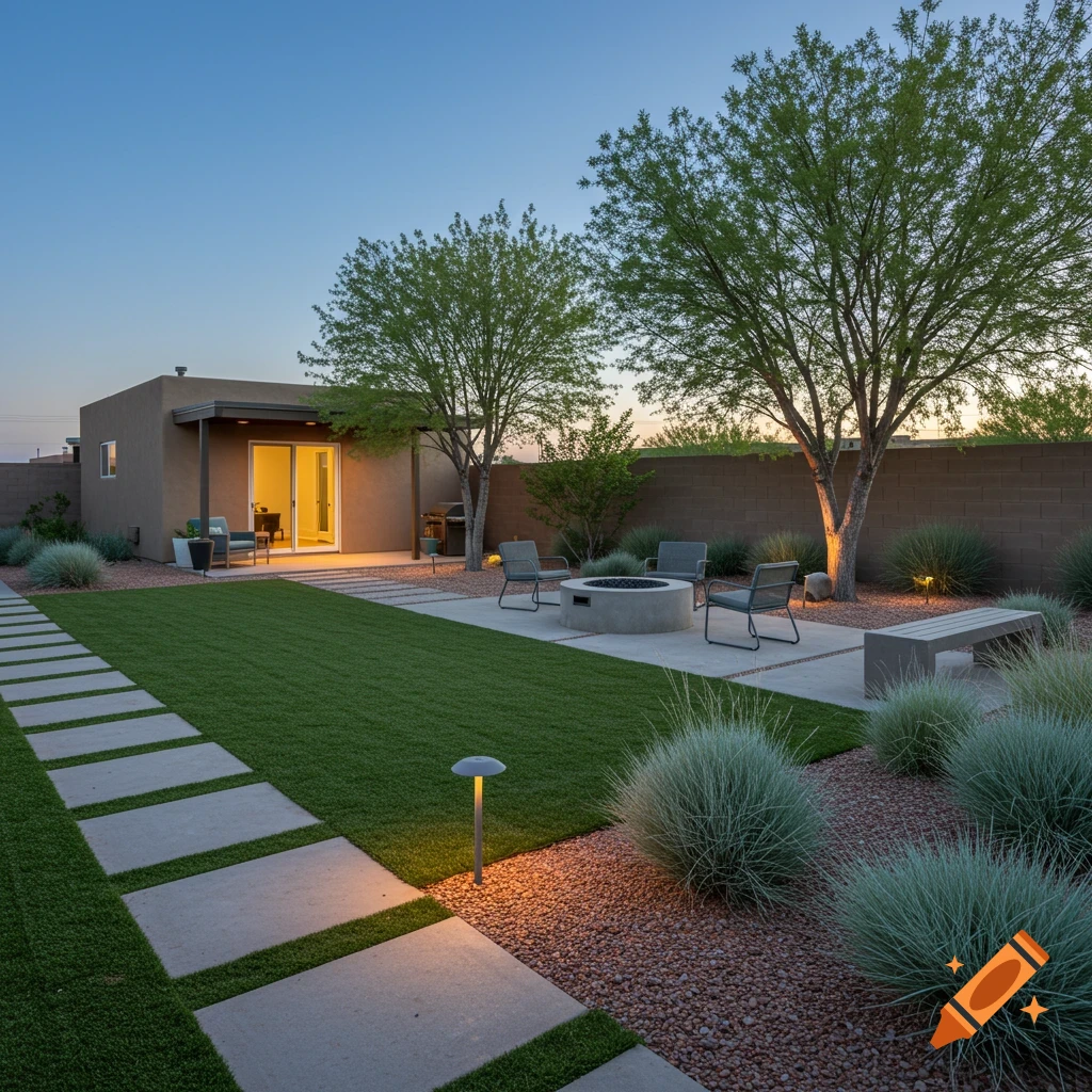 Modern backyard with patio, fire pit, pathway, and trees at dusk.