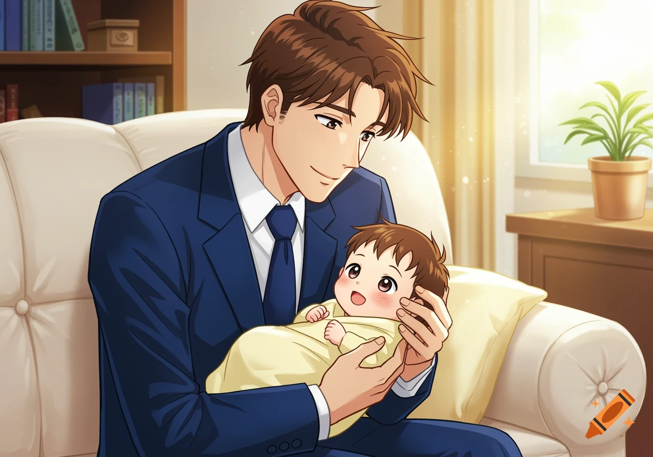 Anime illustration of a father holding a baby on a couch.