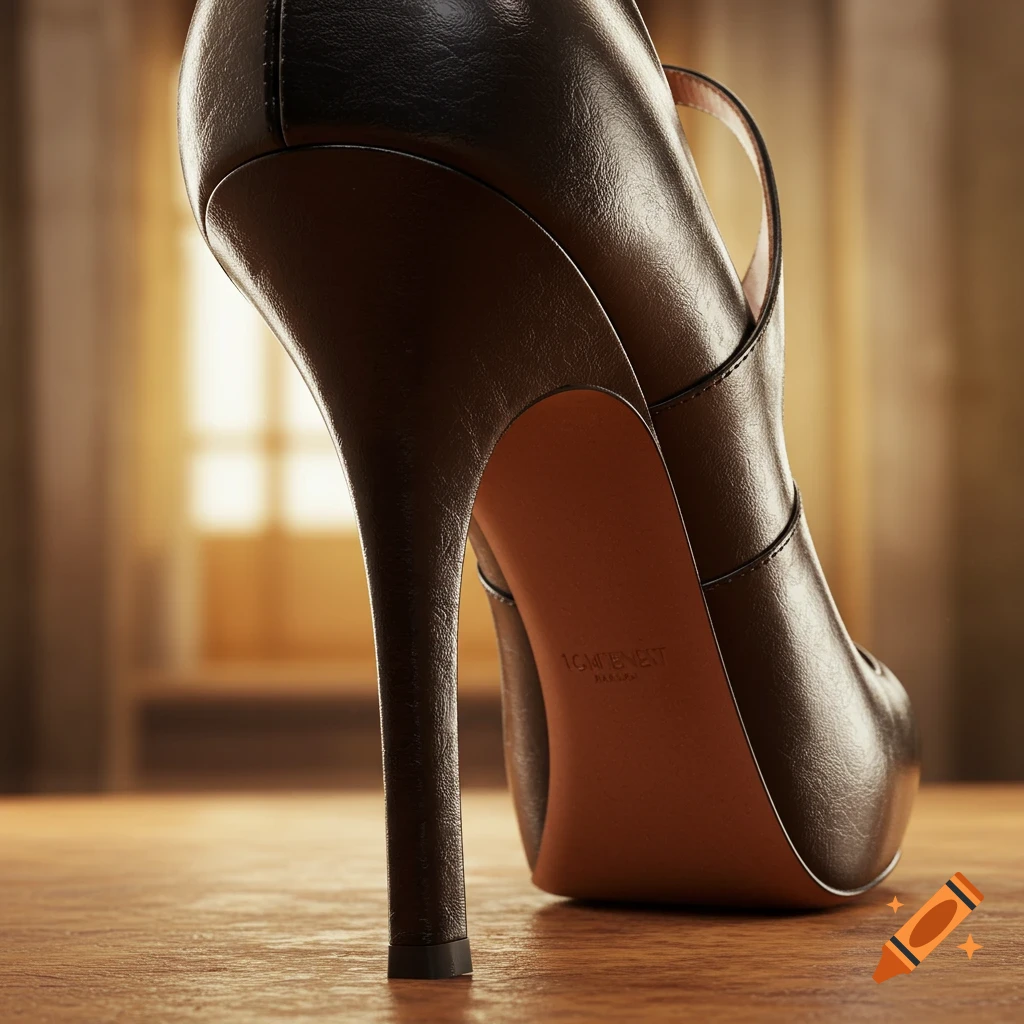 Low angle view of the back of a black high heel shoe on a wooden surface.