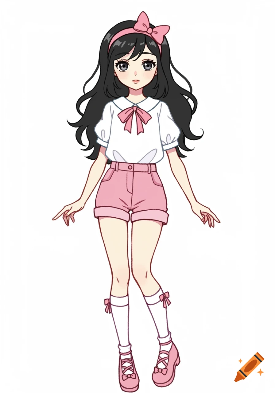 Full body drawing of an anime girl with black hair, pink headband, white shirt, pink shorts, and pink shoes with white socks.