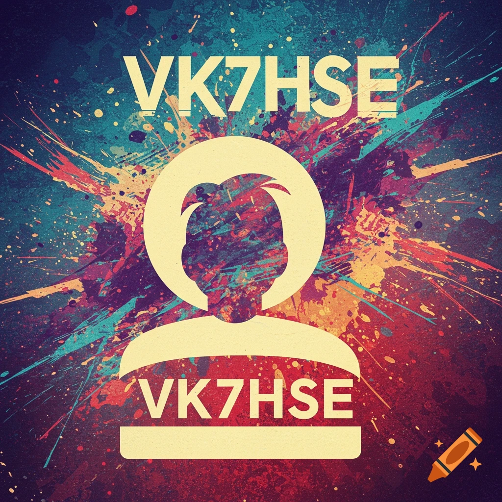 Stylized profile logo with VK7HSE text over a colorful splatter background in digital art style.