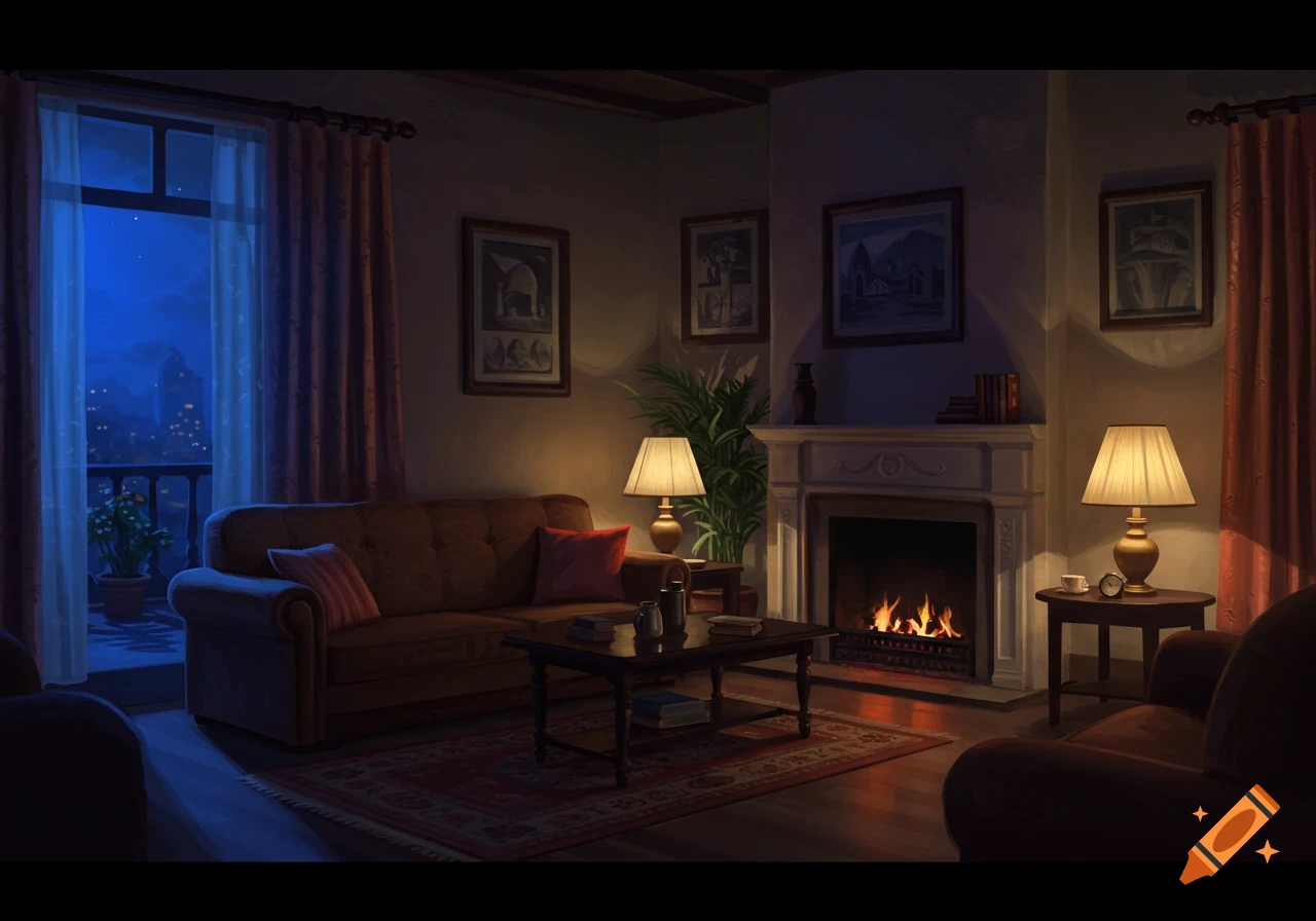 A cozy living room at night with a fireplace, sofa, lamps, and a view of a city from a balcony.