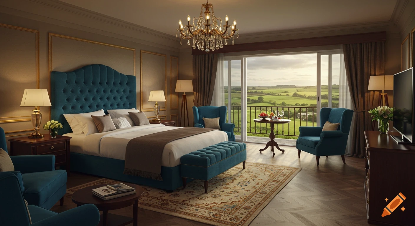 Luxurious hotel room with a large tufted bed, armchairs, and a balcony view of a green countryside.
