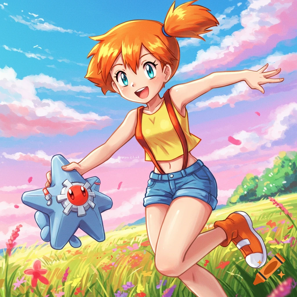 Misty from Pokemon running in a field with Staryu.