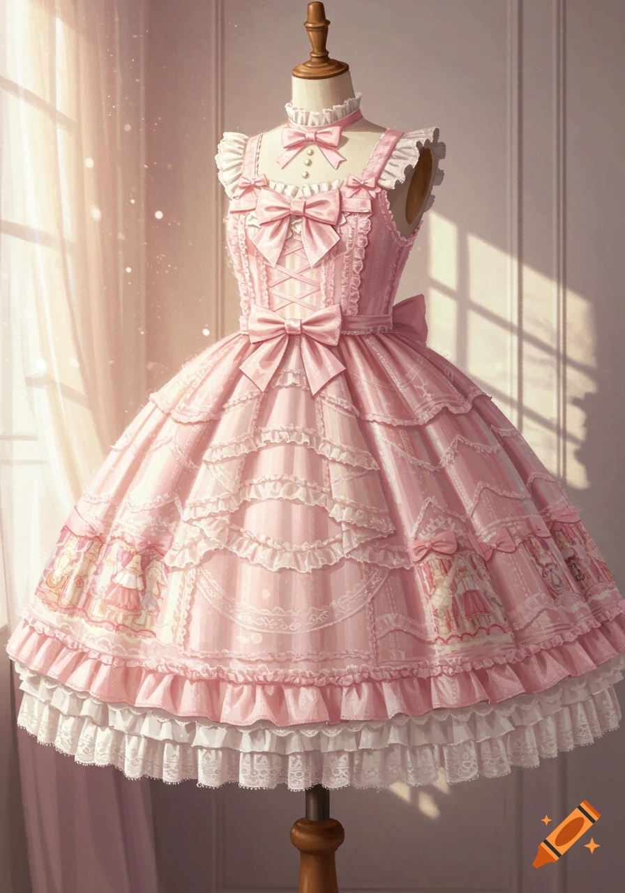 A pink frilly Lolita dress on a mannequin.