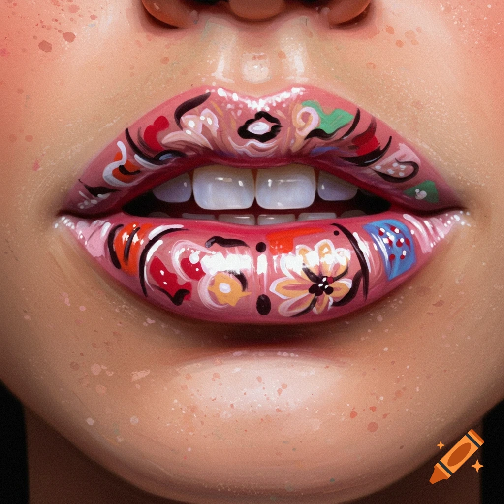 Close-up of lips with colorful abstract and floral paint designs