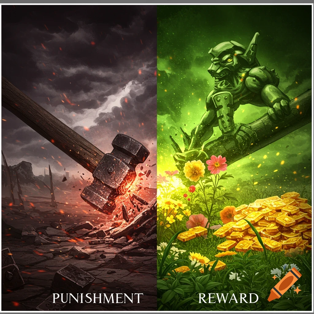 Split image showing a hammer hitting rocky ground labeled 'PUNISHMENT' and gold coins, flowers, and a goblin labeled 'REWARD'.