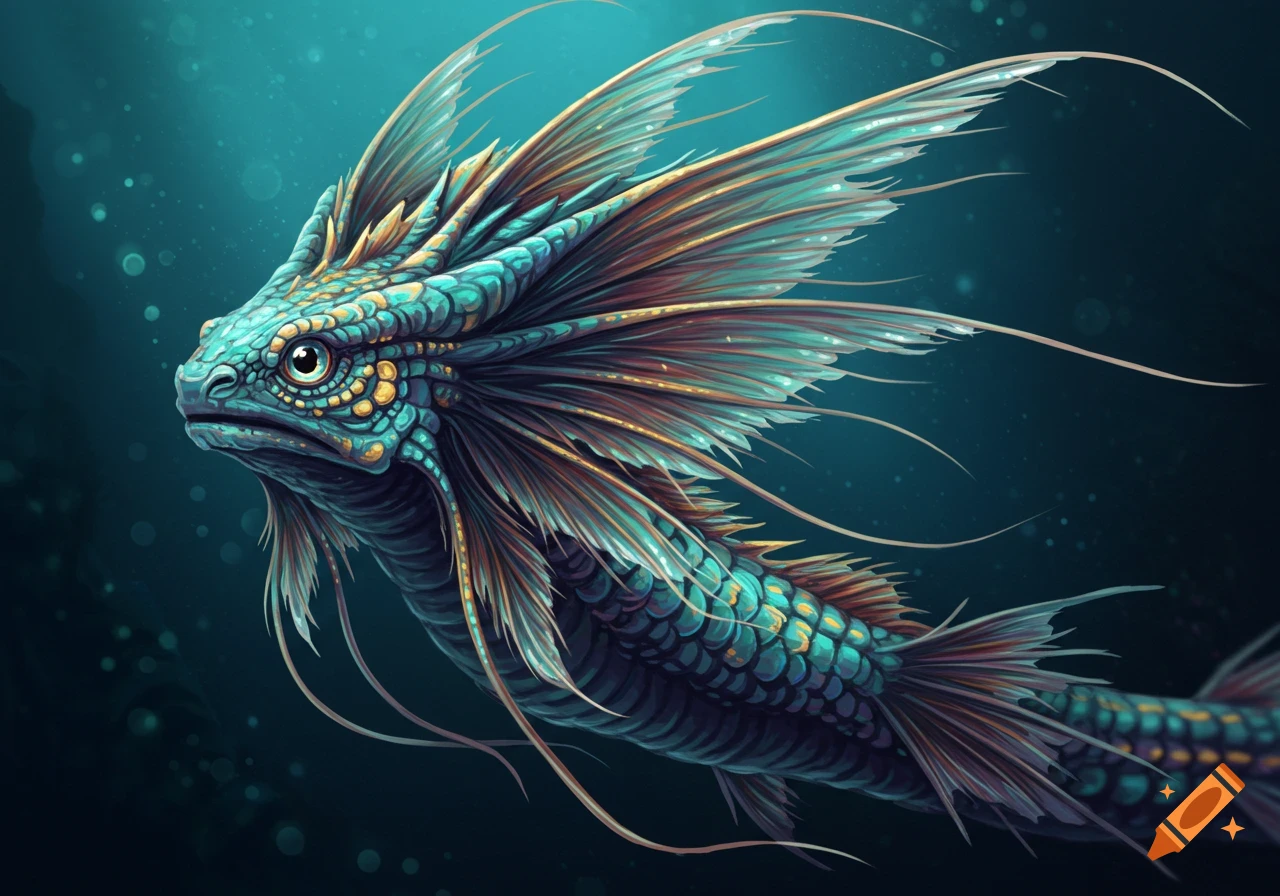 Image of a mythical aquatic creature with fins, scales, and gills